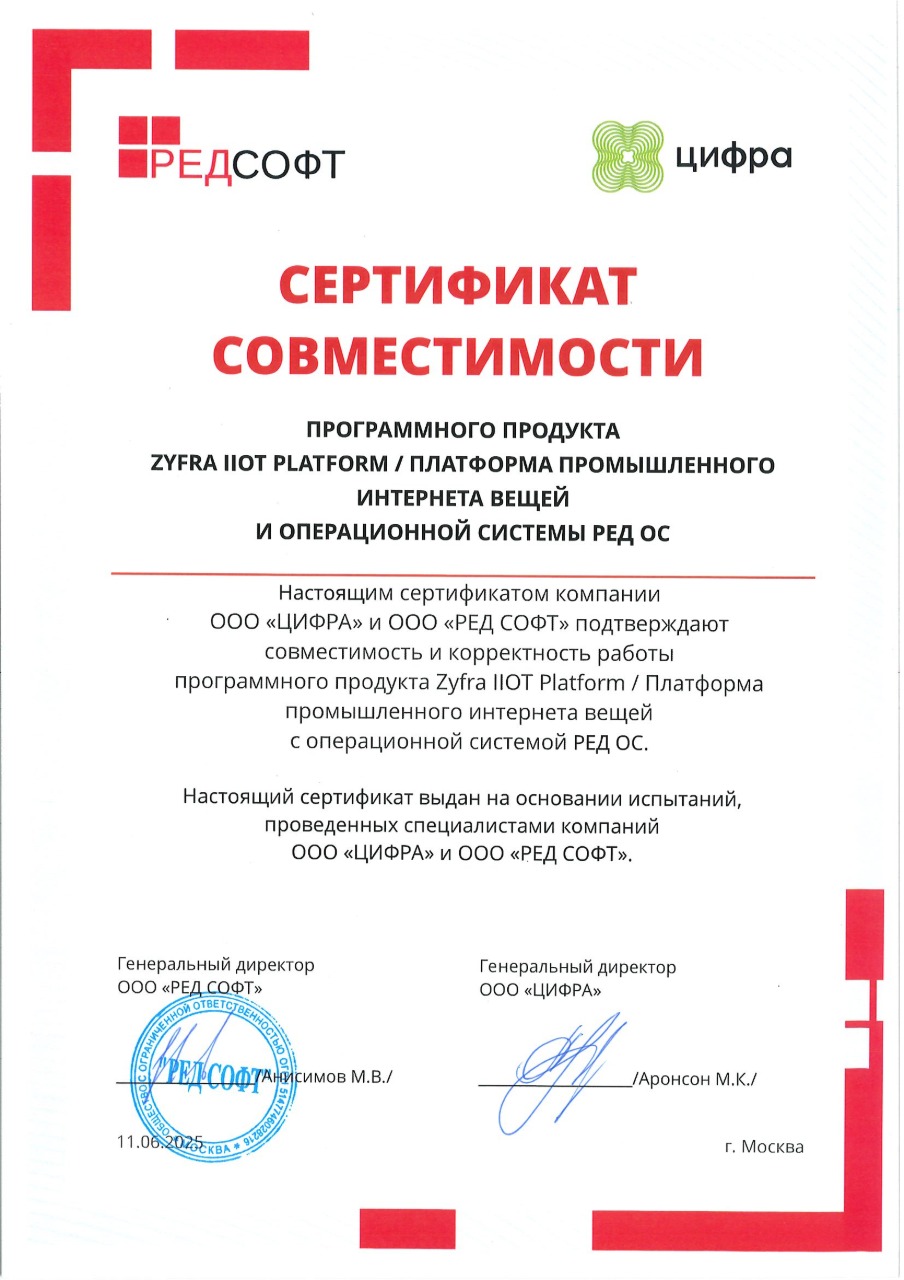 Сертификат совместимости ZIIoT Platform с&nbsp;РЕД ОС